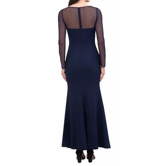 Eliza J Dress Rosette Mesh trim long sleeve gown navy size 8 - Picture 8 of 8